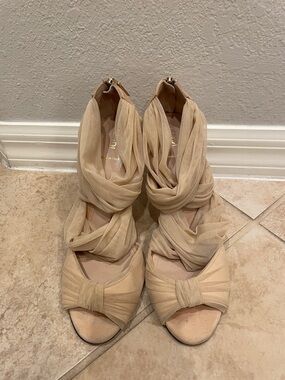 Fendi Nude Ruched Tulle Mesh Wrap Stiletto Sandals Heels 39